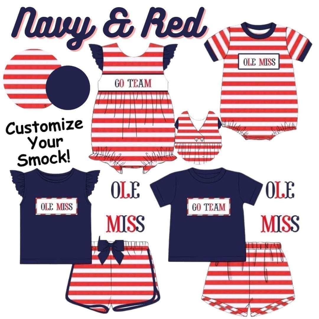 Po169-navy and red stripe name smocks